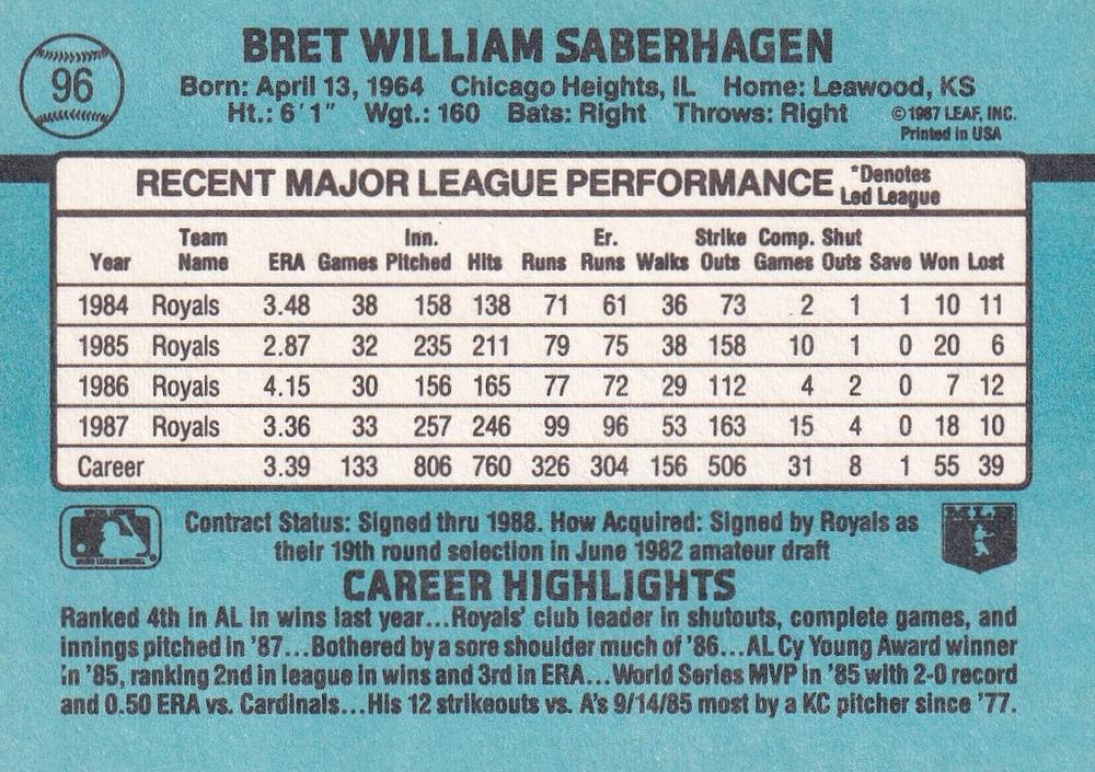 Bret Saberhagen  baseball card collectible - Main Image 2