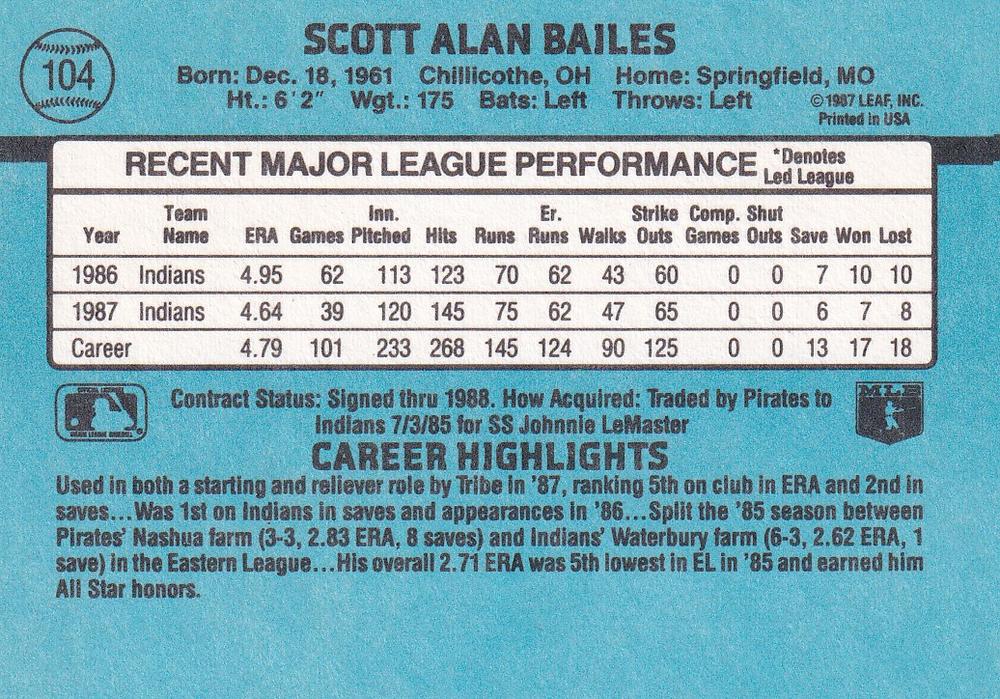 Scott Bailes  baseball card collectible - Main Image 2