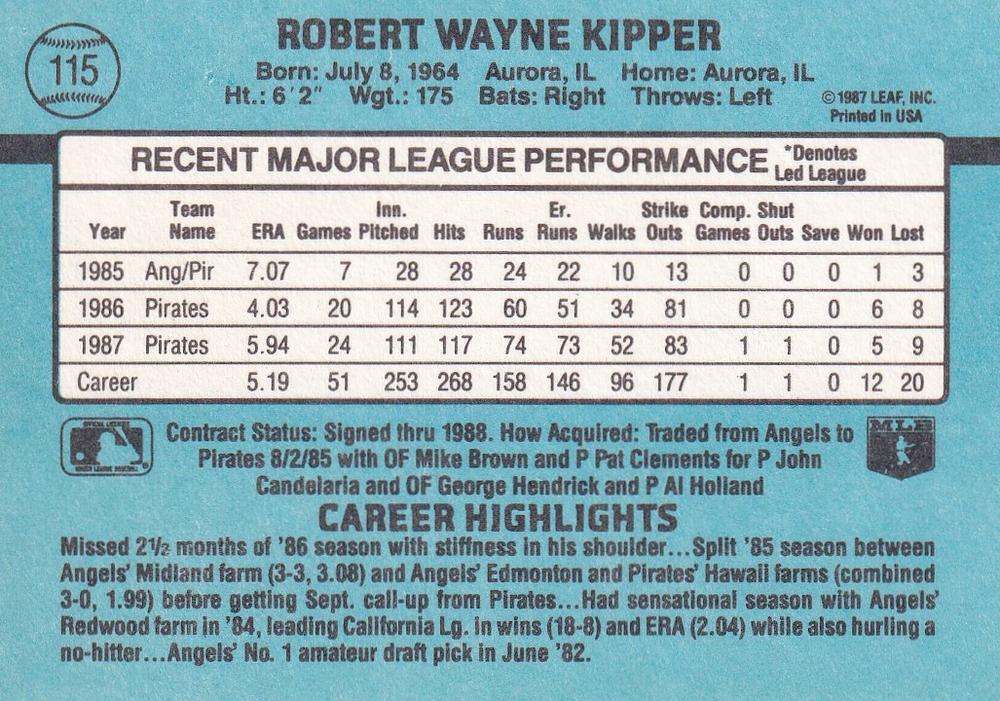 Bob Kipper  baseball card collectible - Main Image 2