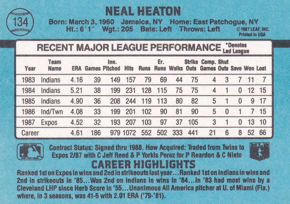 Neal Heaton  baseball card collectible - Main Image 2