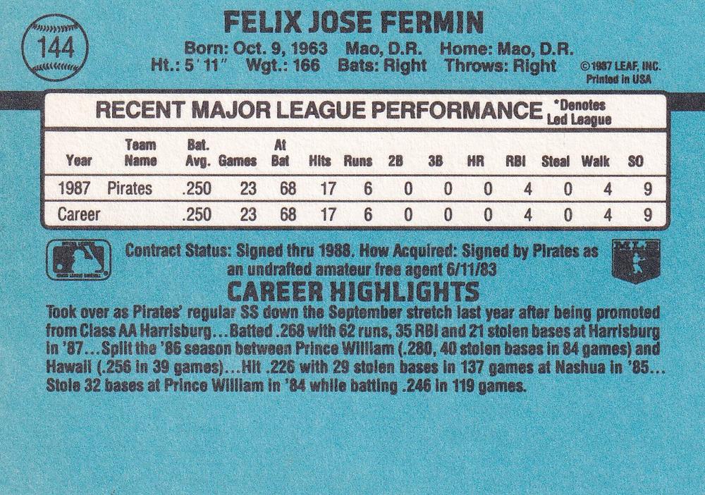 Felix Fermin  baseball card collectible - Main Image 2