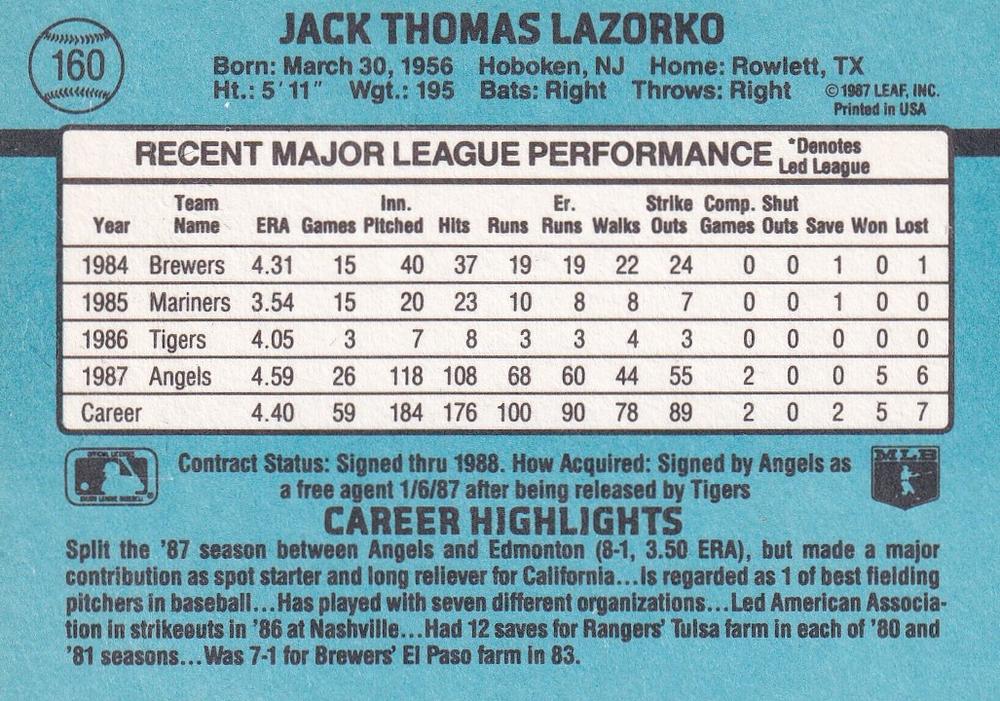 Jack Lazorko  baseball card collectible - Main Image 2