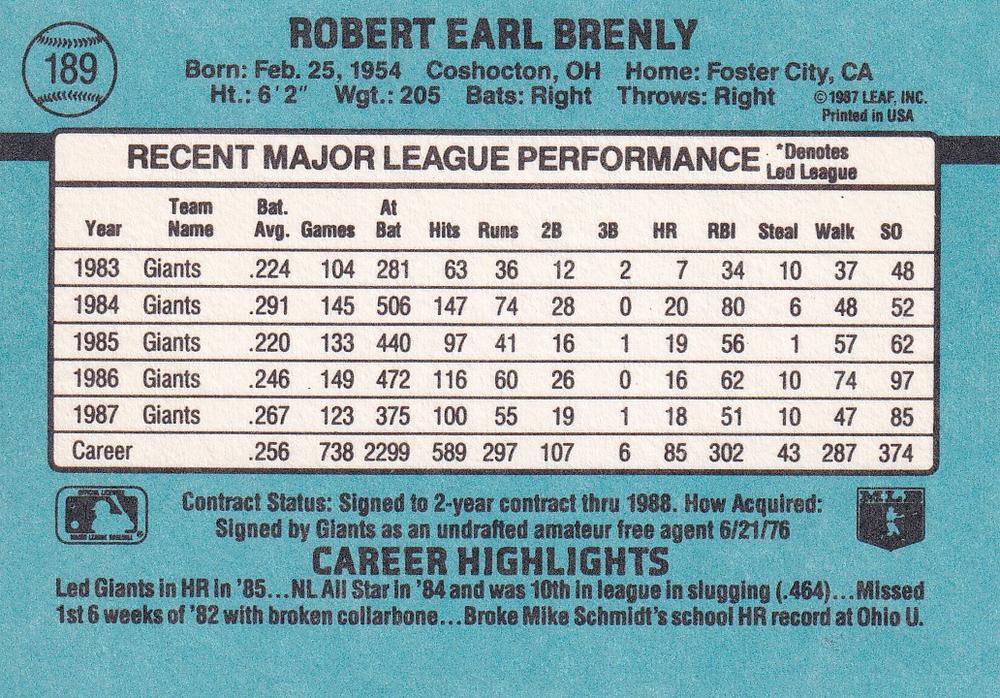 Bob Brenly  baseball card collectible - Main Image 2