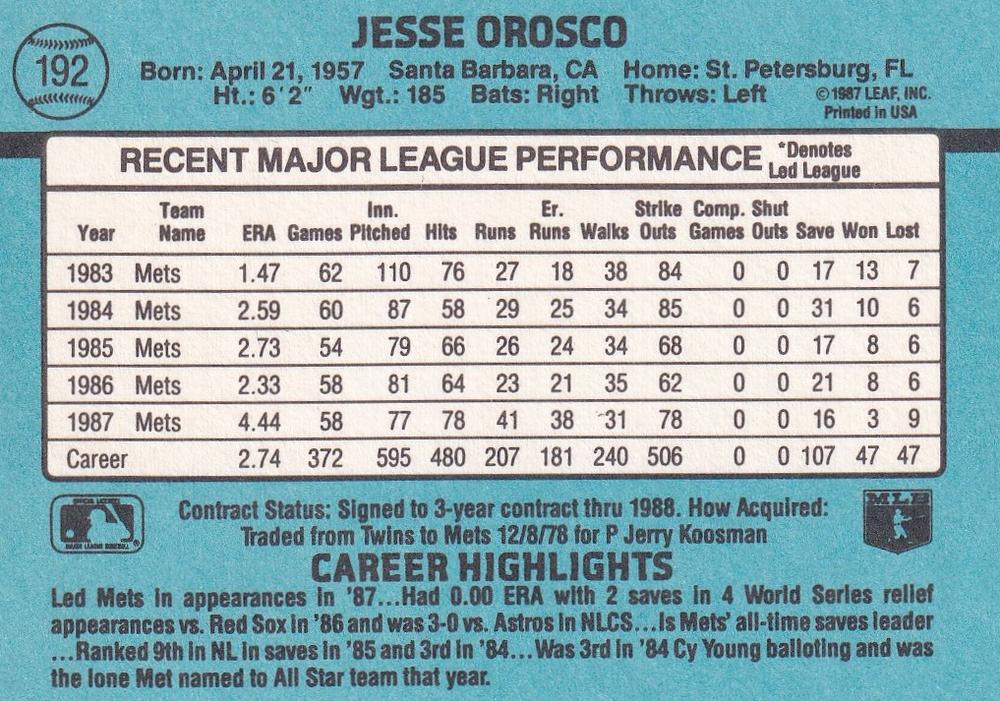 Jesse Orosco  baseball card collectible - Main Image 2