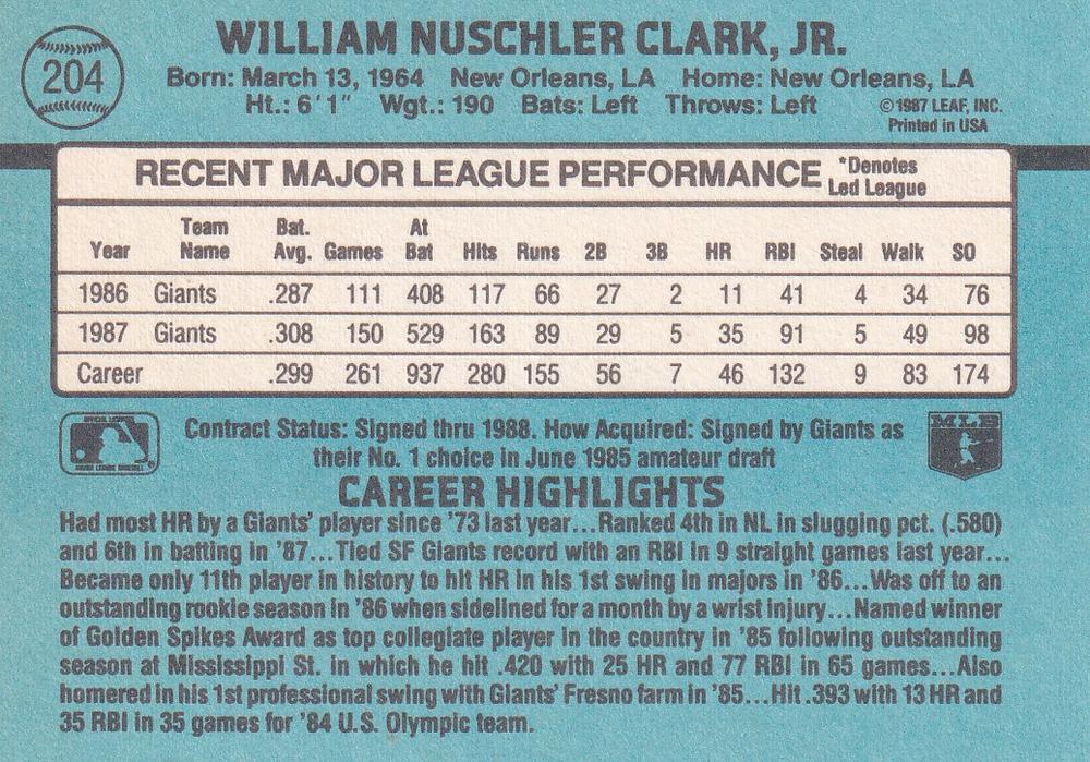 Will Clark  baseball card collectible - Main Image 2