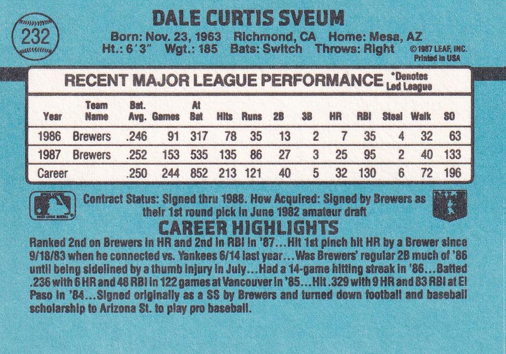 Dale Sveum  baseball card collectible - Main Image 2