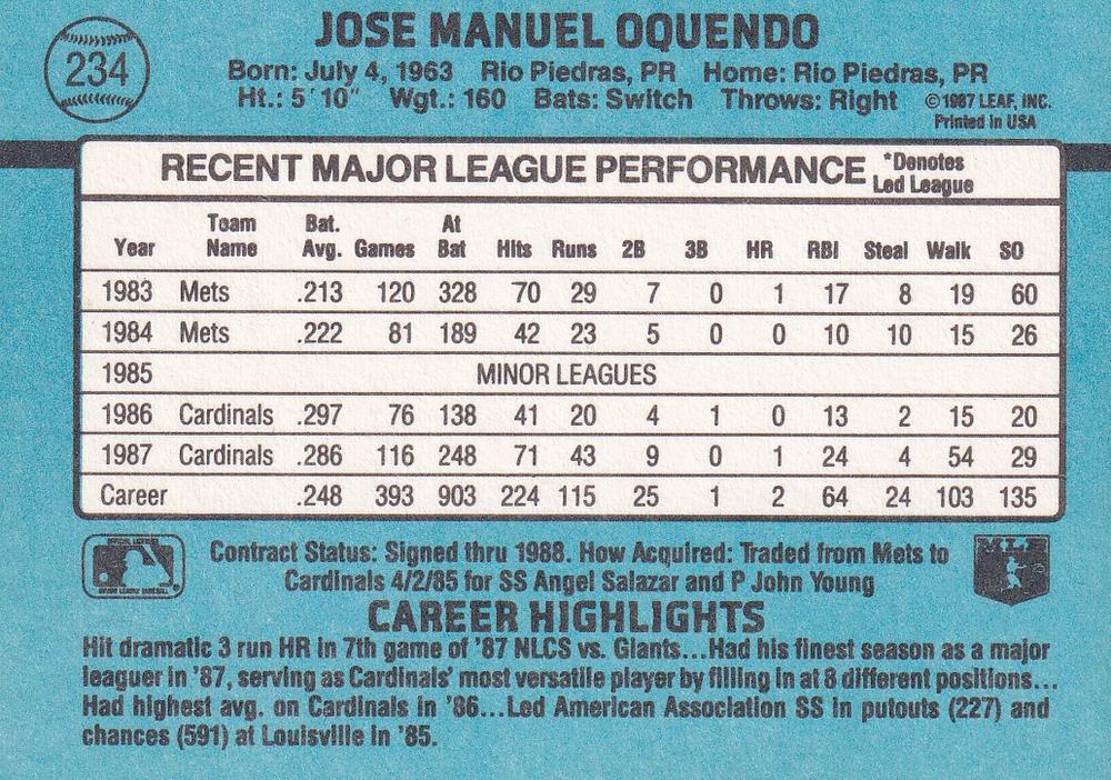 Jose Oquendo  baseball card collectible - Main Image 2