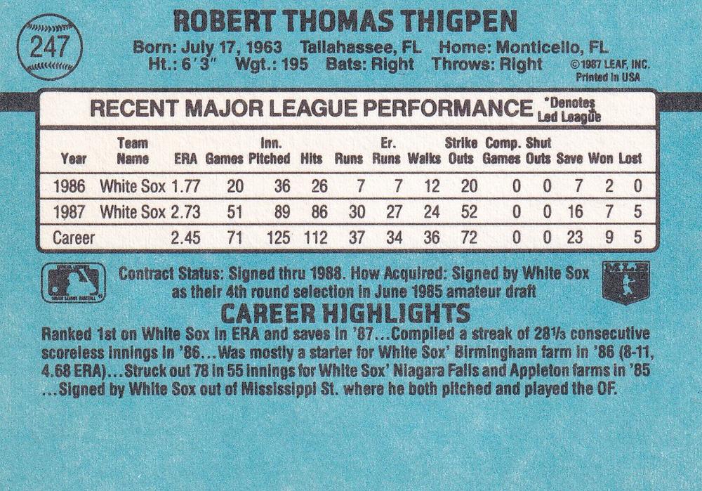 Bobby Thigpen  baseball card collectible - Main Image 2