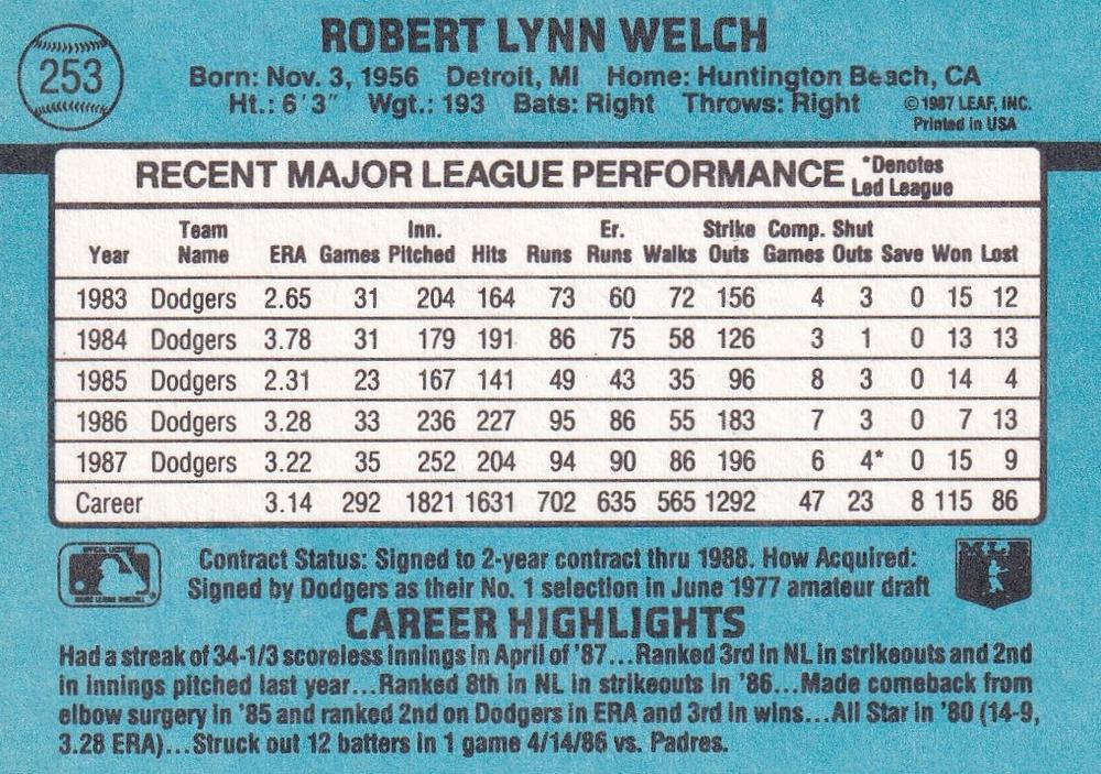 Bob Welch  baseball card collectible - Main Image 2