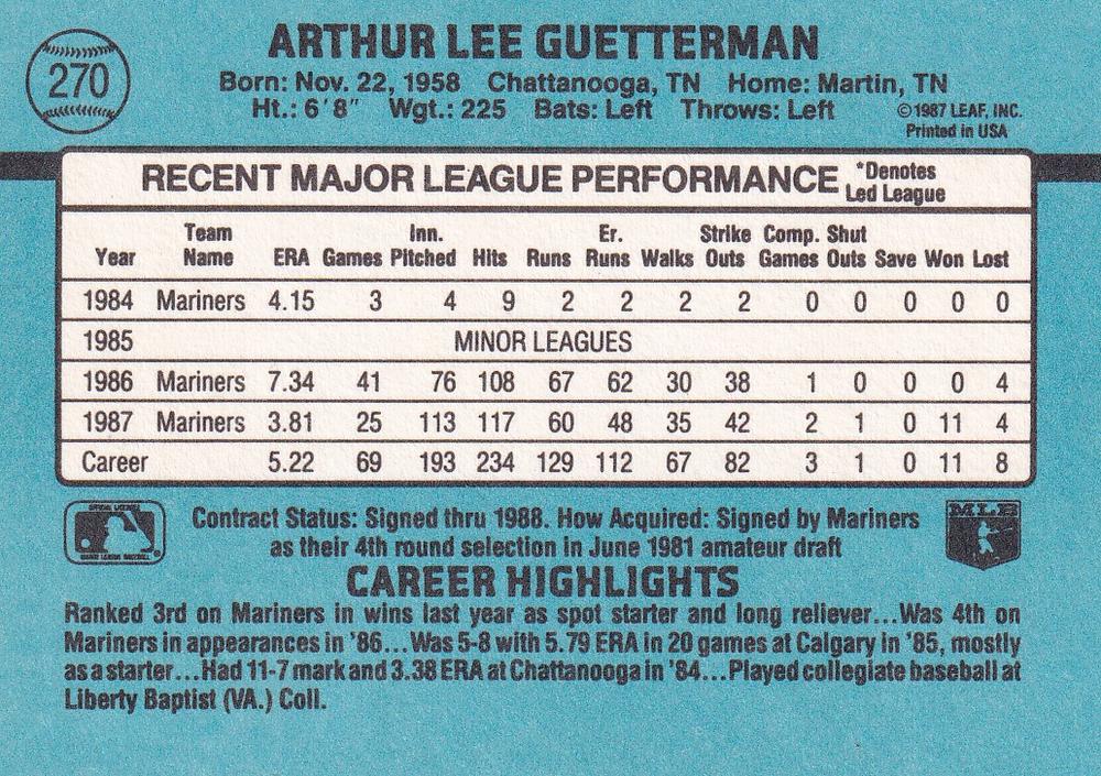 Lee Guetterman  baseball card collectible - Main Image 2