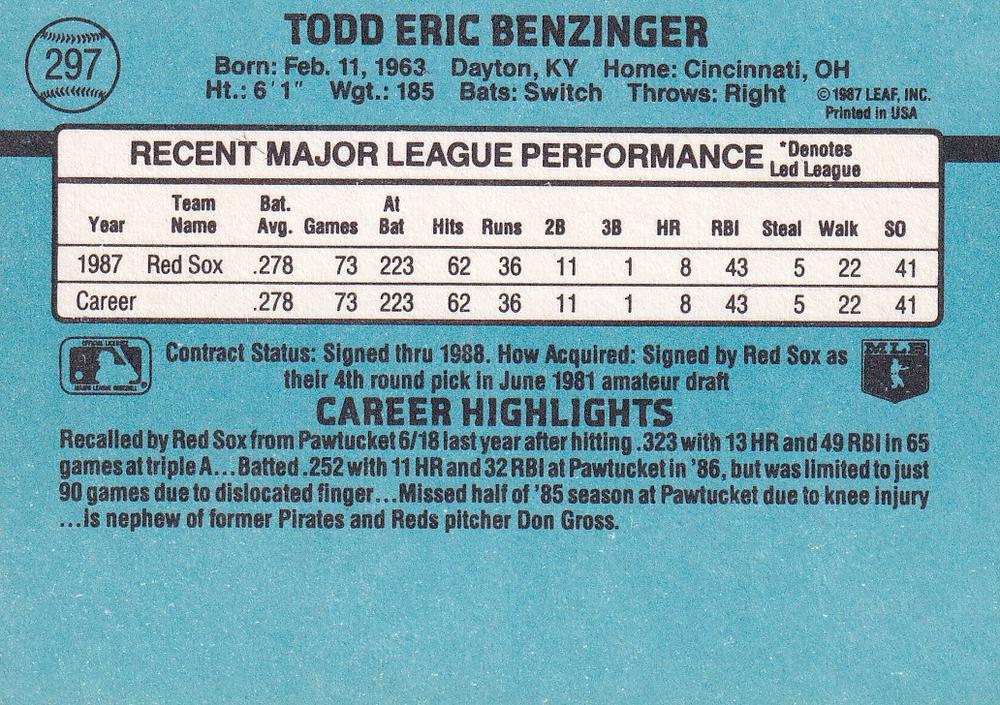Todd Benzinger  baseball card collectible - Main Image 2