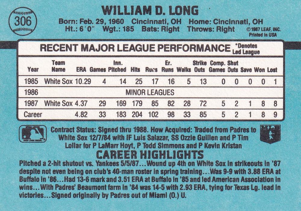 Bill Long  baseball card collectible - Main Image 2