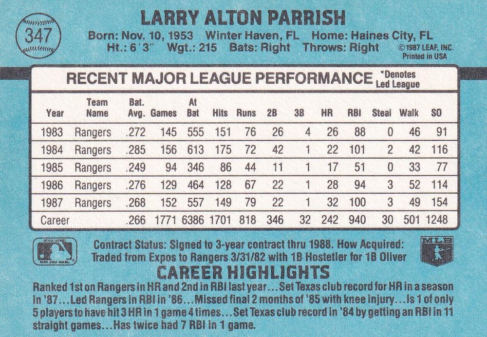 Larry Parrish  baseball card collectible - Main Image 2