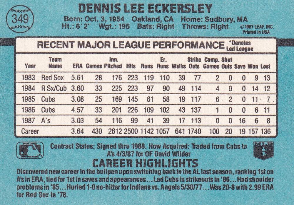Dennis Eckersley  baseball card collectible - Main Image 2