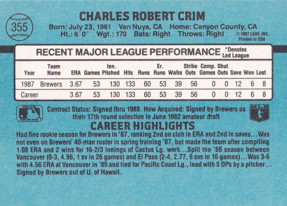 Chuck Crim  baseball card collectible - Main Image 2