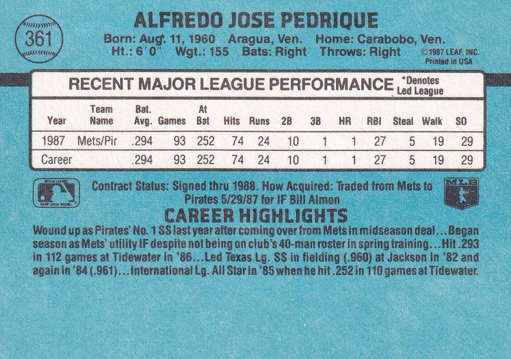 Al Pedrique  baseball card collectible - Main Image 2