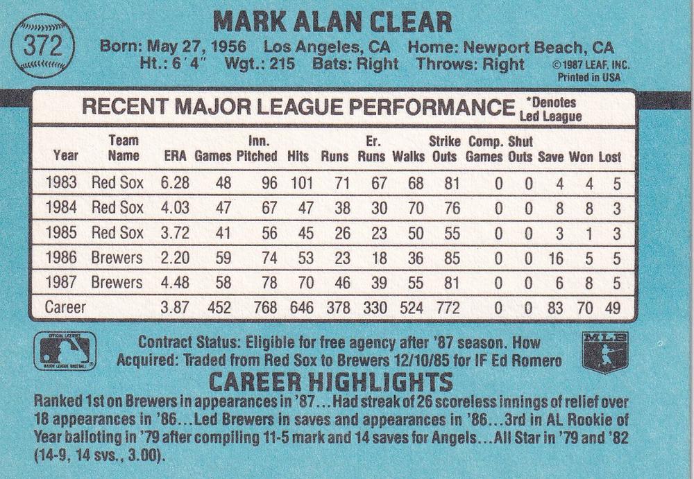 Mark Clear  baseball card collectible - Main Image 2