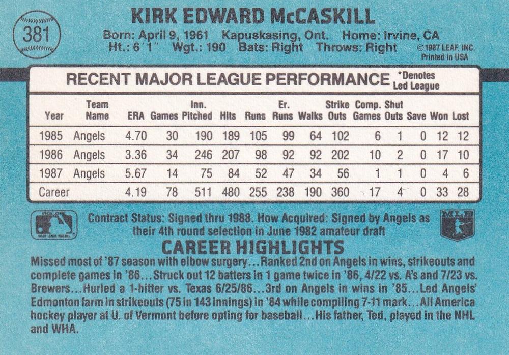 Kirk McCaskill  baseball card collectible - Main Image 2