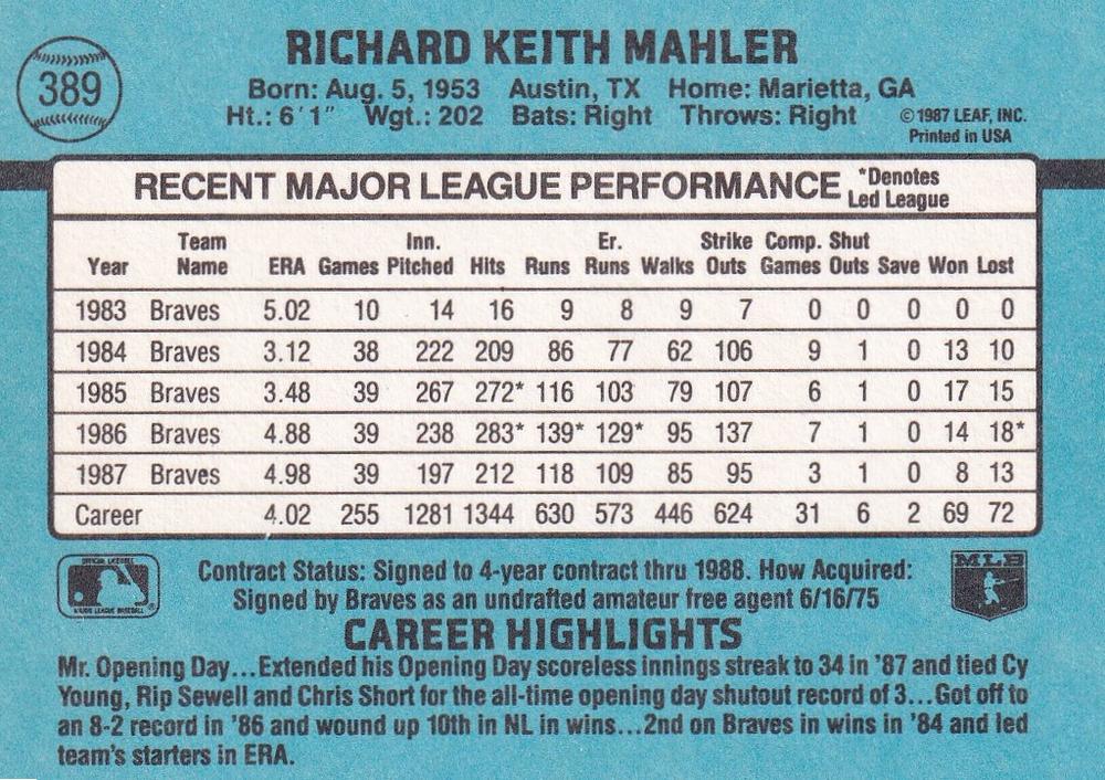 Rick Mahler  baseball card collectible - Main Image 2