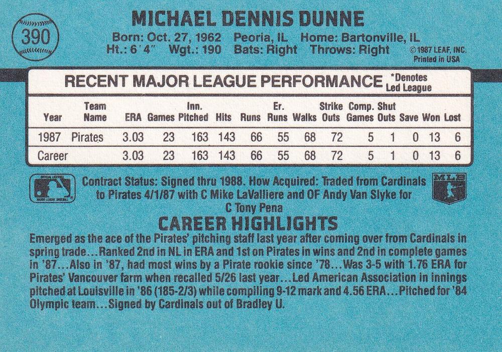 Mike Dunne  baseball card collectible - Main Image 2