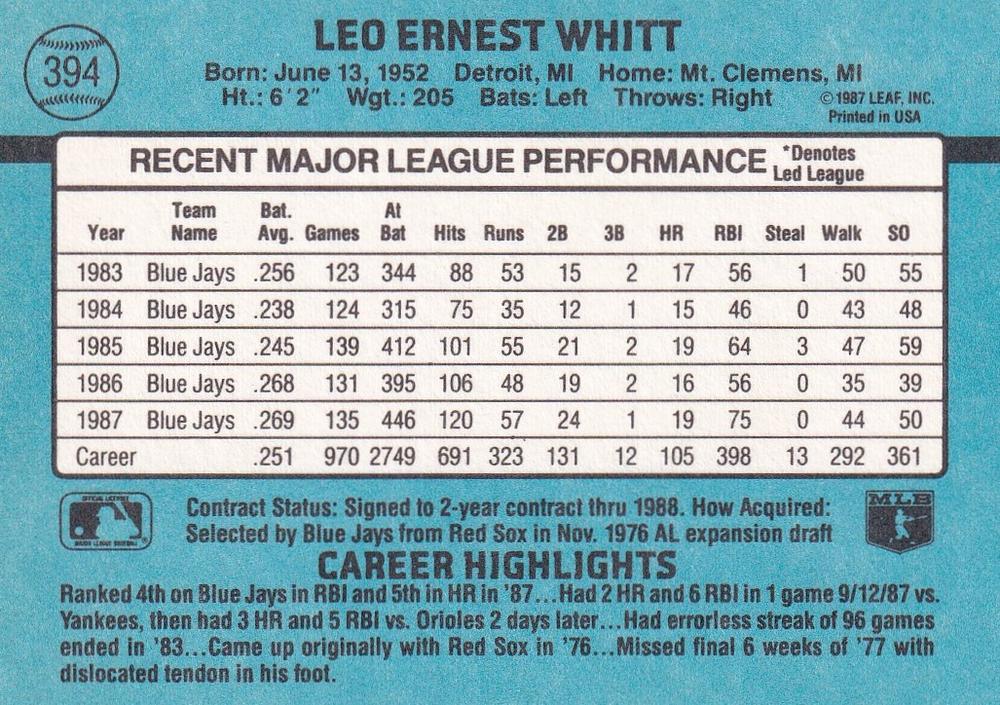 Ernie Whitt  baseball card collectible - Main Image 2