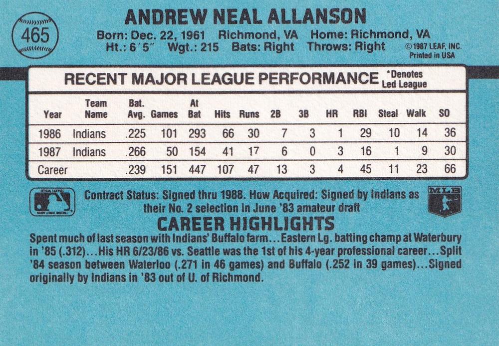 Andy Allanson  baseball card collectible - Main Image 2