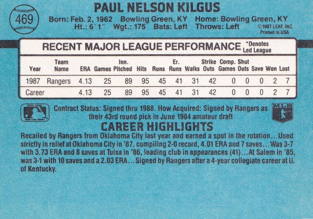 Paul Kilgus  baseball card collectible - Main Image 2