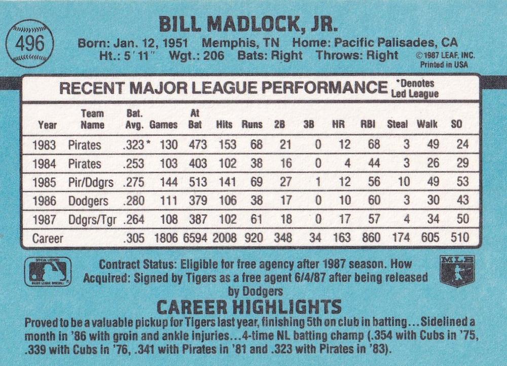 Bill Madlock  baseball card collectible - Main Image 2