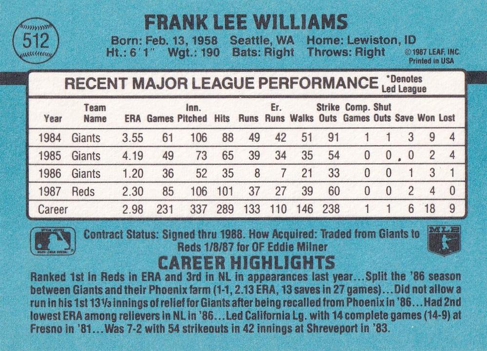 Frank Williams  baseball card collectible - Main Image 2