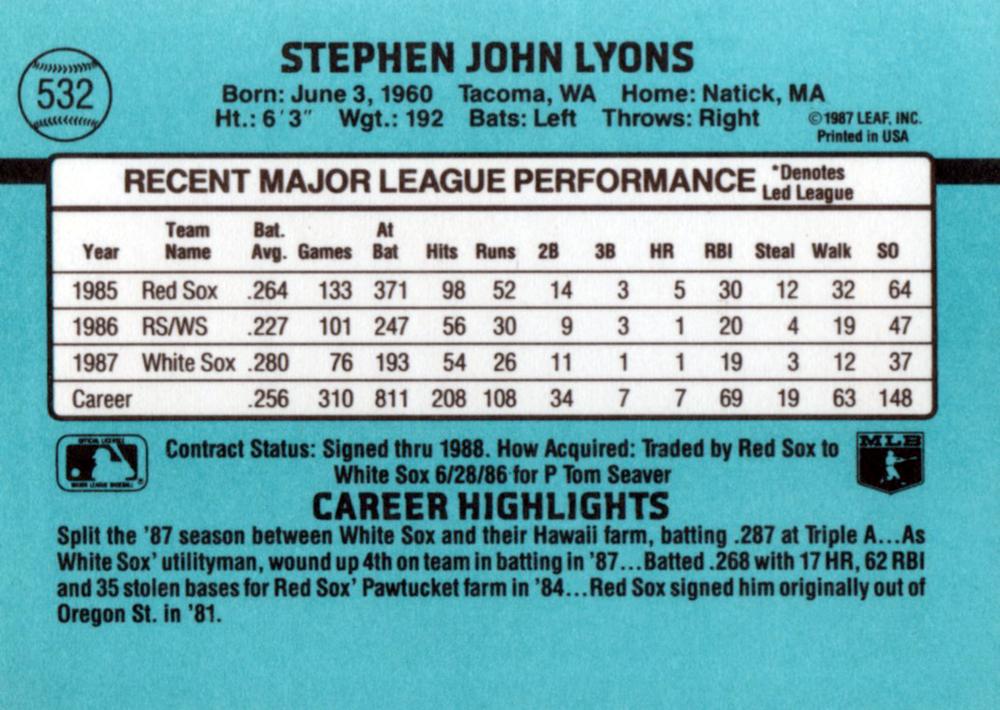 Steve Lyons  baseball card collectible - Main Image 2