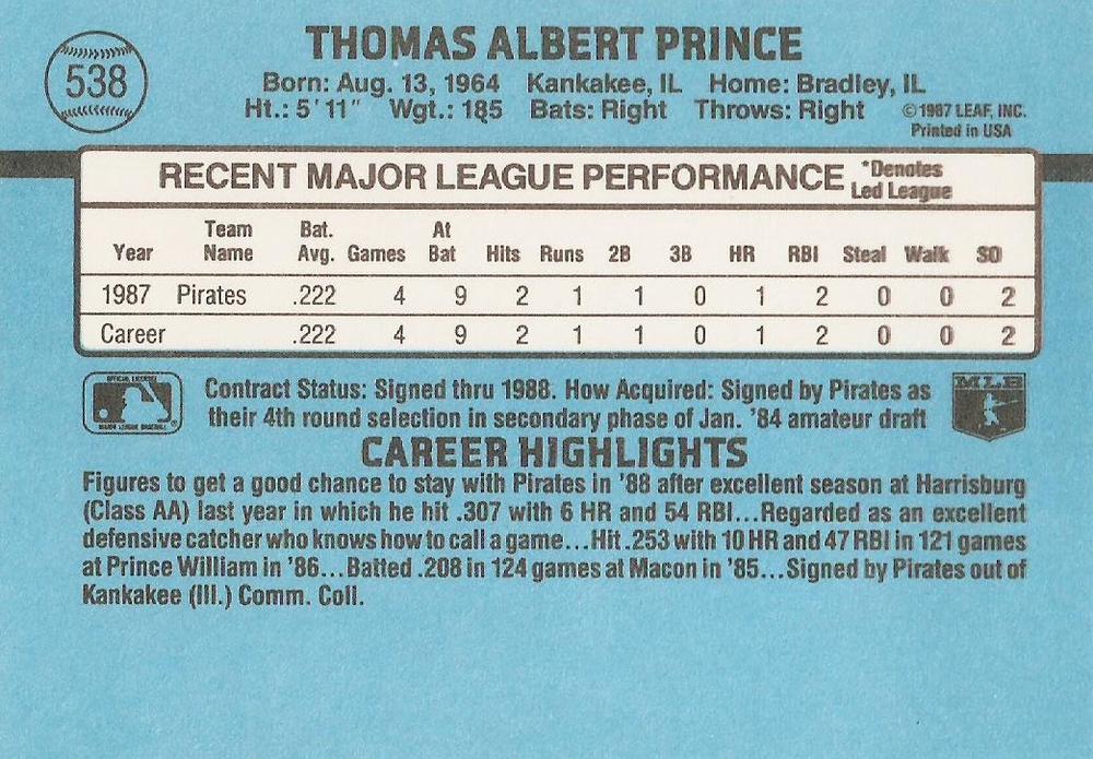 Tom Prince  baseball card collectible - Main Image 2