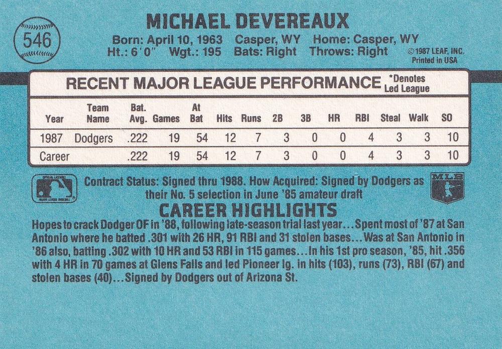 Mike Devereaux  baseball card collectible - Main Image 2