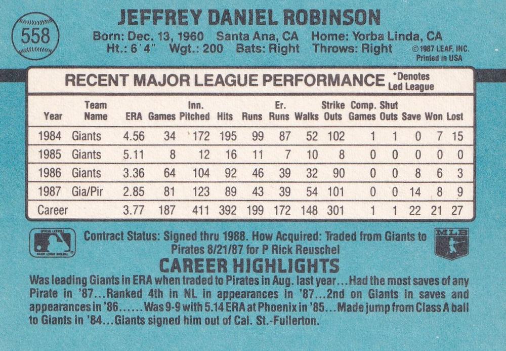 Jeff Robinson  baseball card collectible - Main Image 2