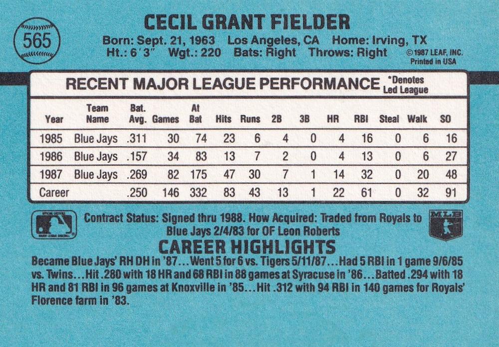 Cecil Fielder  baseball card collectible - Main Image 2