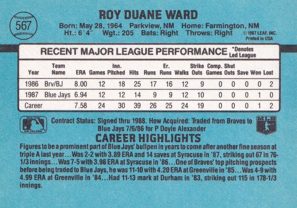 Duane Ward  baseball card collectible - Main Image 2