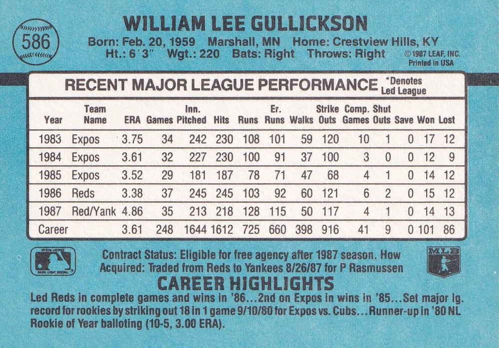 Bill Gullickson  baseball card collectible - Main Image 2
