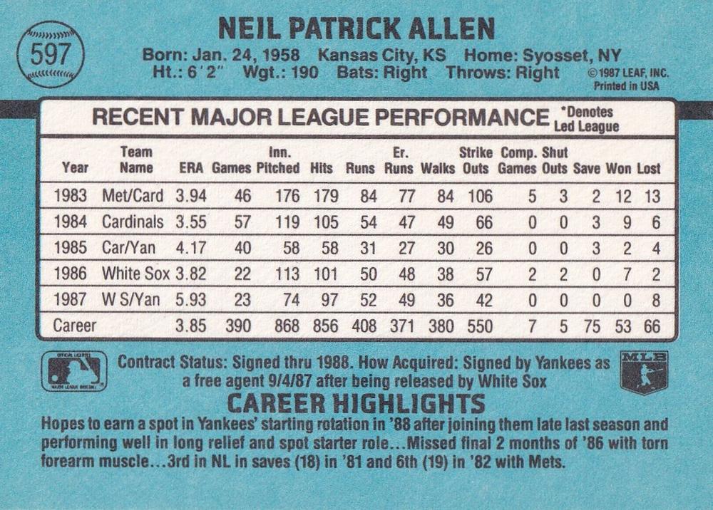 Neil Allen  baseball card collectible - Main Image 2