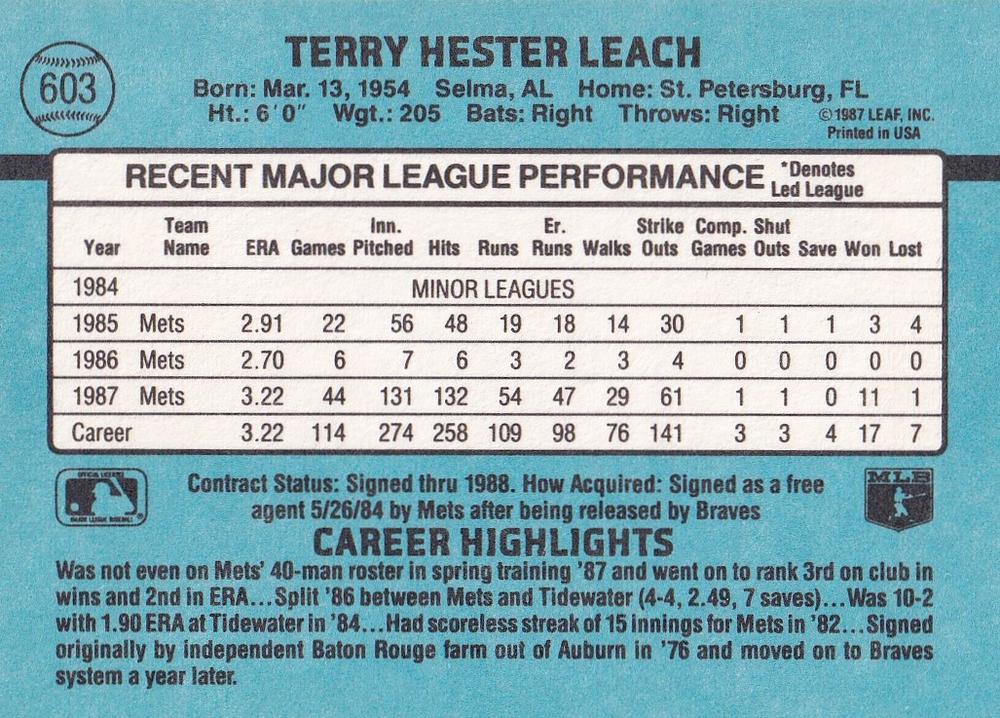 Terry Leach  baseball card collectible - Main Image 2