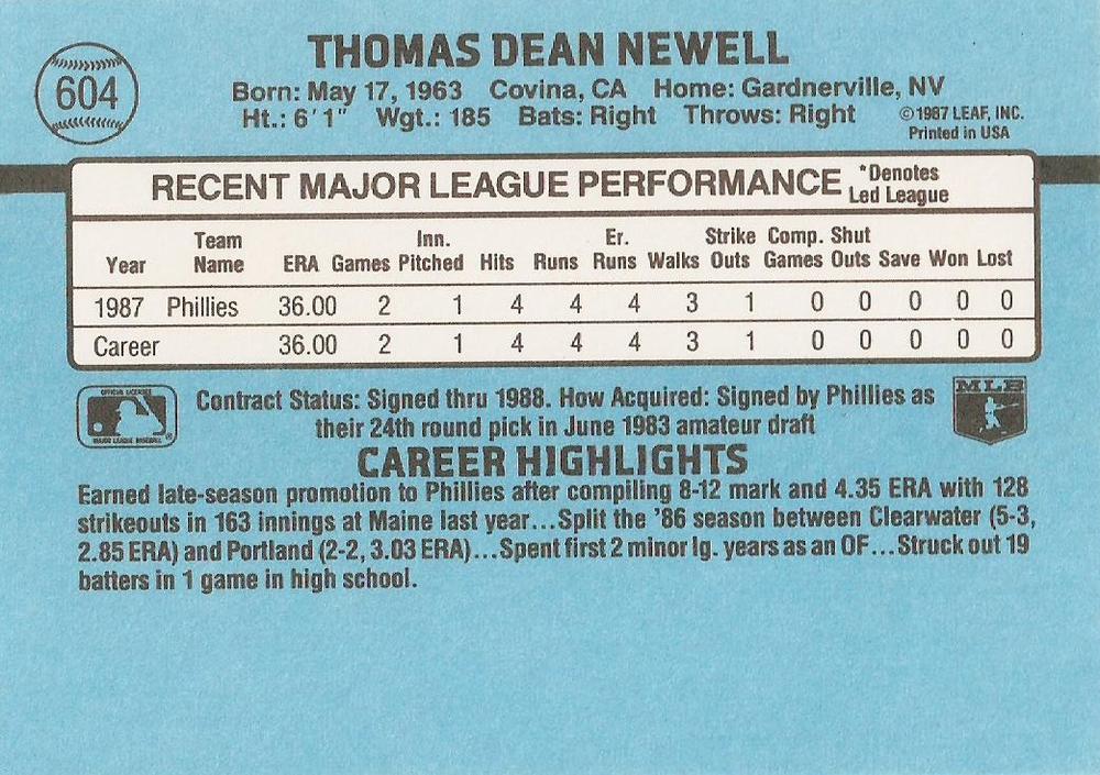 Tom Newell  baseball card collectible - Main Image 2