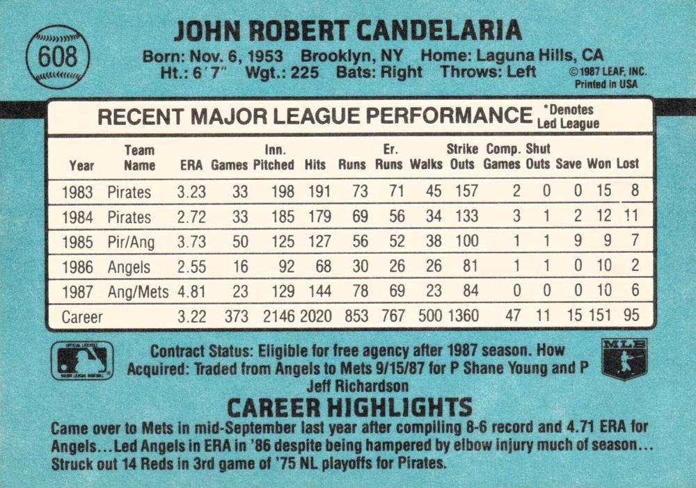 John Candelaria  baseball card collectible - Main Image 2