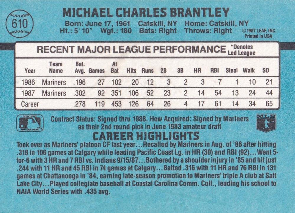 Mickey Brantley  baseball card collectible - Main Image 2