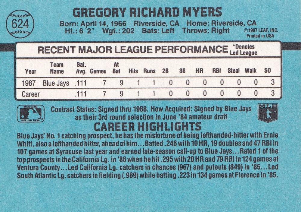 Greg Myers  baseball card collectible - Main Image 2