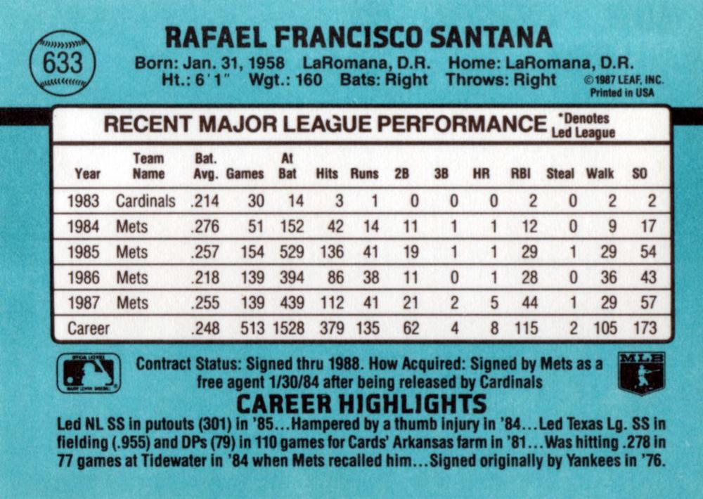 Rafael Santana  baseball card collectible - Main Image 2