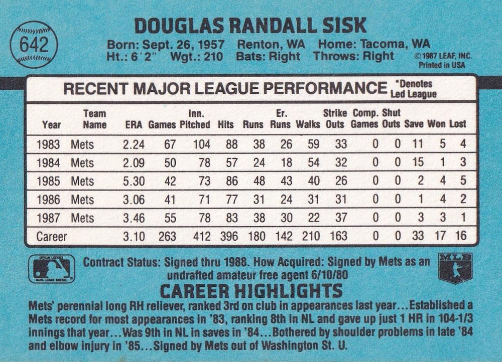 Doug Sisk  baseball card collectible - Main Image 2