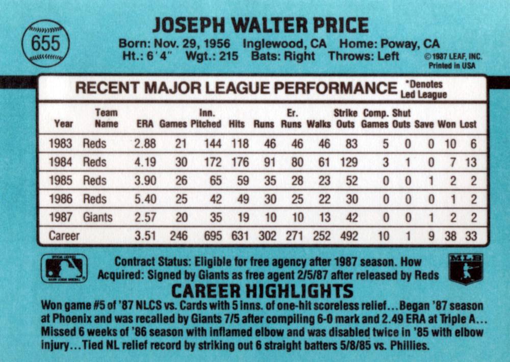 Joe Price  baseball card collectible - Main Image 2