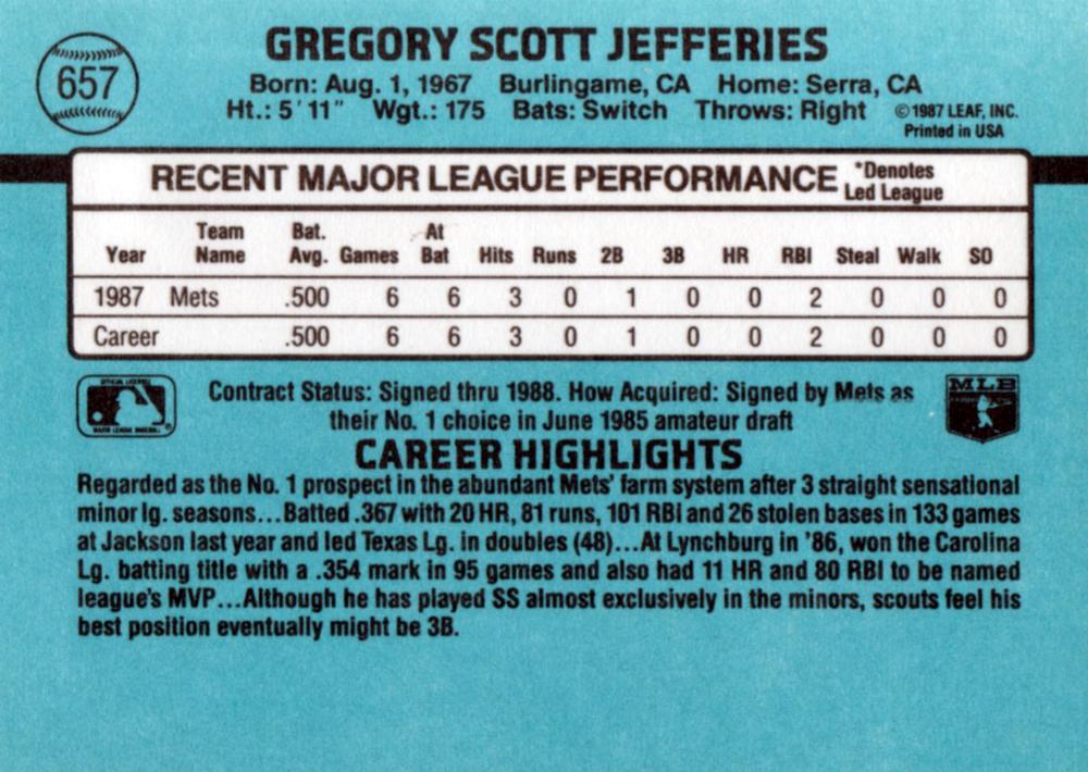 Gregg Jefferies  baseball card collectible - Main Image 2