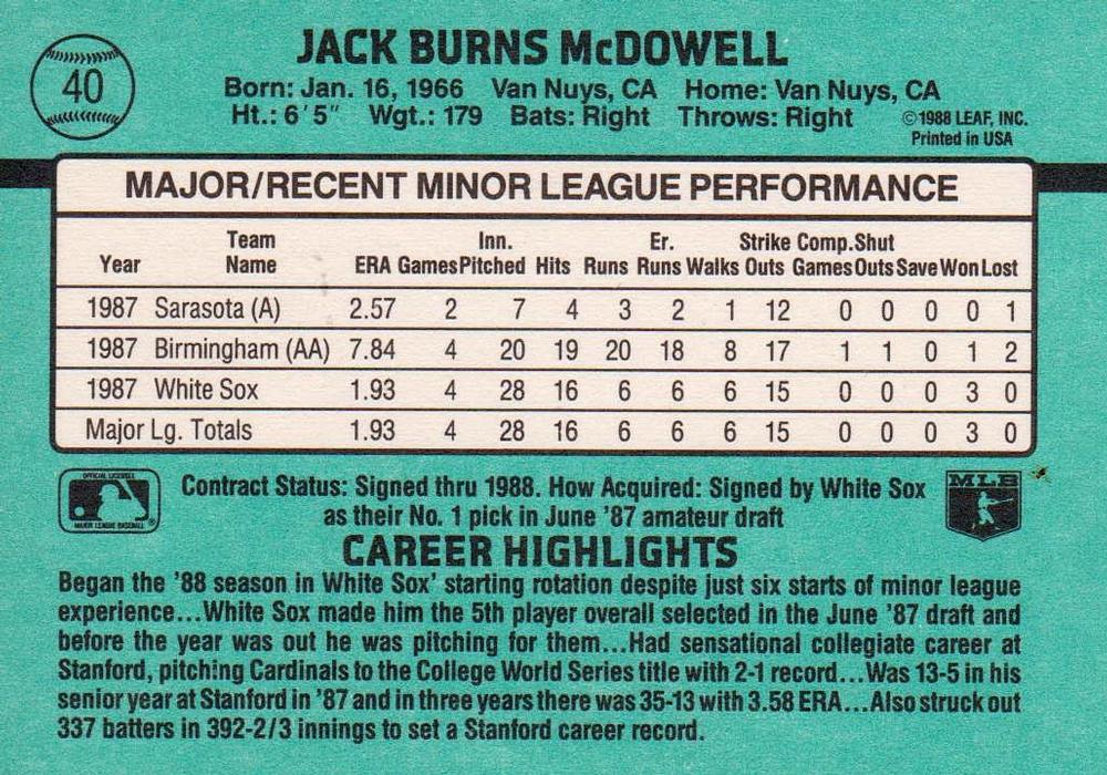 Jack McDowell  baseball card collectible - Main Image 2