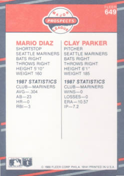 Mario Diaz / Clay Parker  baseball card collectible - Main Image 2