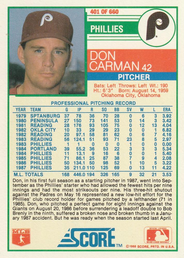 Don Carman  baseball card collectible - Main Image 2