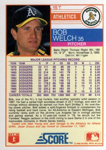 Bob Welch  baseball card collectible - Main Image 2